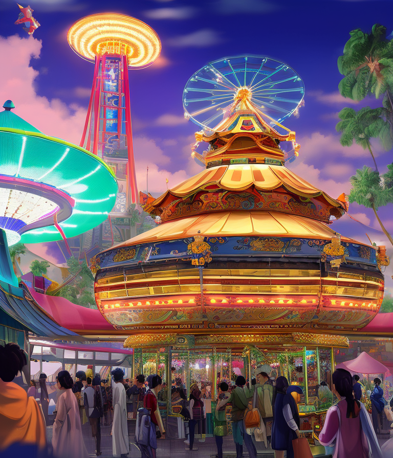 01357-547939668-a realistic studio ghibli anime style illustration of a retro futuristic carnival ride with many people in it at night at a crow.png